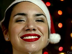 Festive facial finish with spit-roasted oral skills.